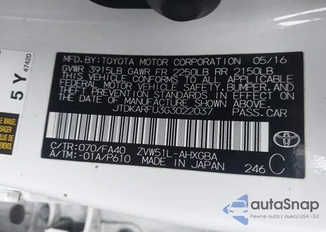 2016 Toyota Prius Three from USA, damaged, VIN JTDKARFU3G3022037